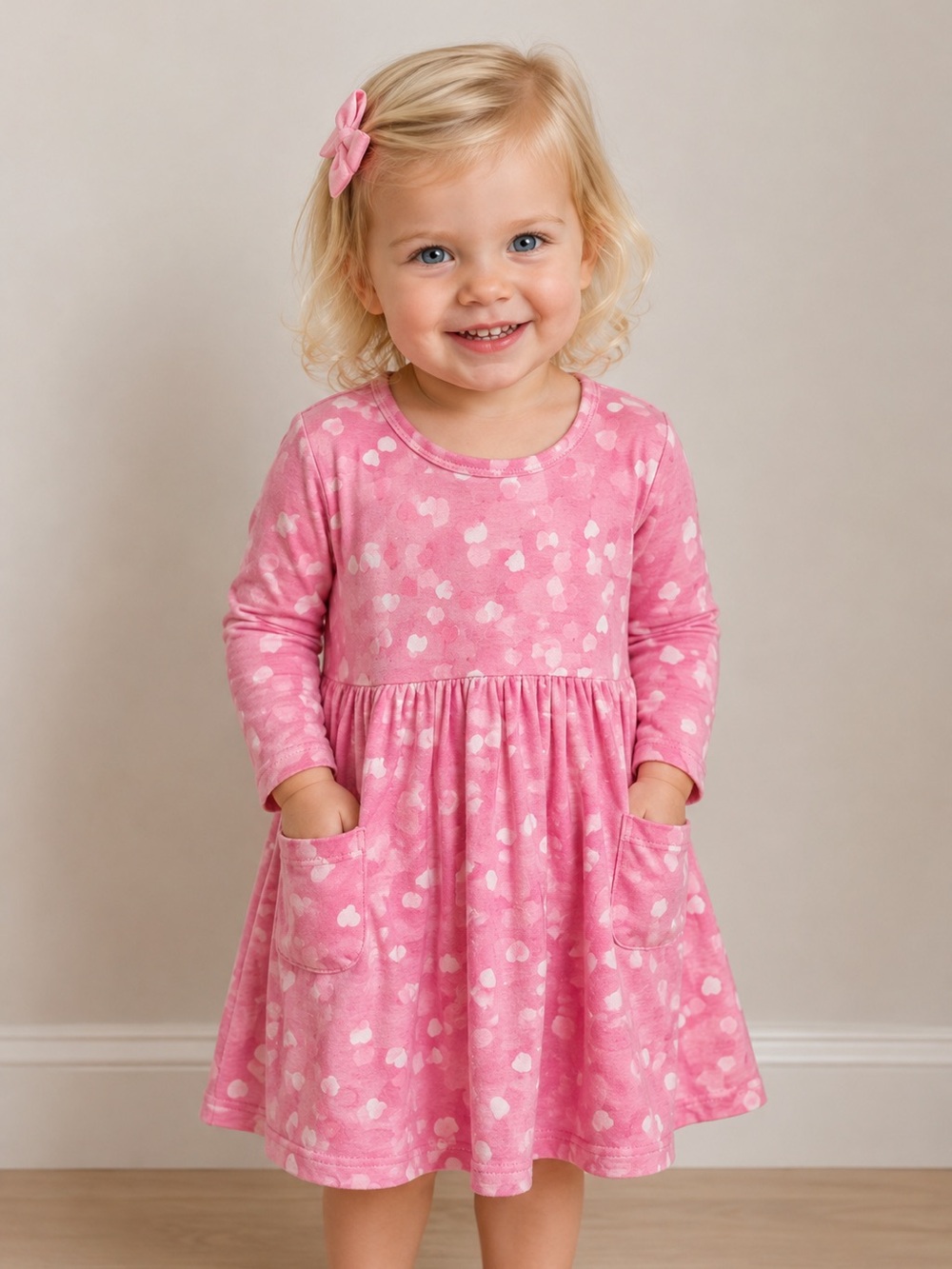 Girls' Pink Heart-Print Long Sleeve Casual Dress